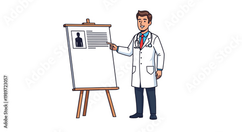 Doctor Explaining Medical Chart and Healthcare Data, Professional Vector Illustration Isolated on White