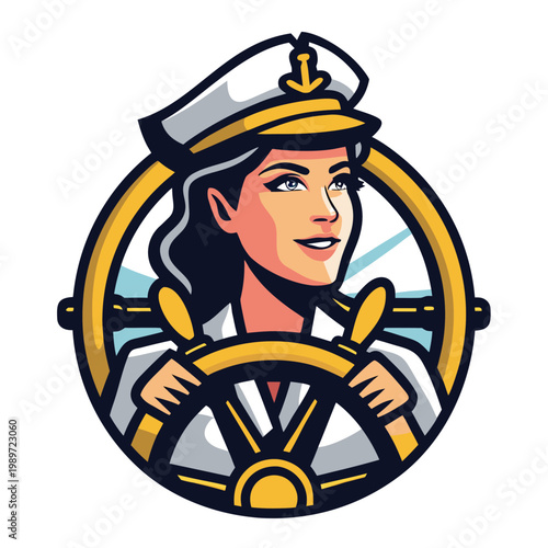 Professional female captain navigating ocean waters with confidence and skill at the ships wheel