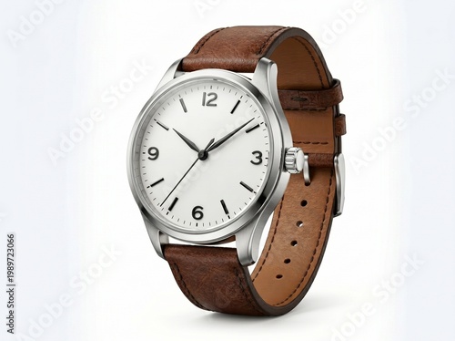 Elegant silver wristwatch with leather strap isolated on white background