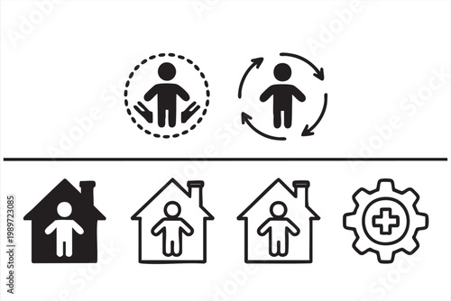 Healthcare icons, home care service symbols, patient support, medical protection and assistance