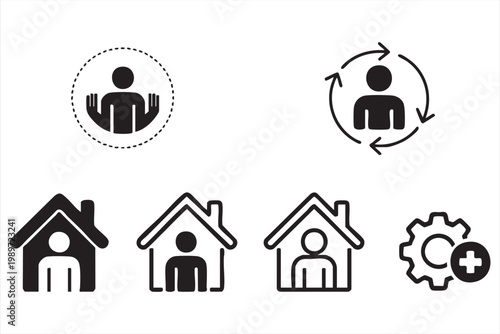 Healthcare home service icons, patient care symbols, medical support, insurance and protection elements