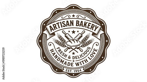 Artisan Bakery Vintage Emblem with Bread, Wheat, and Rolling Pins