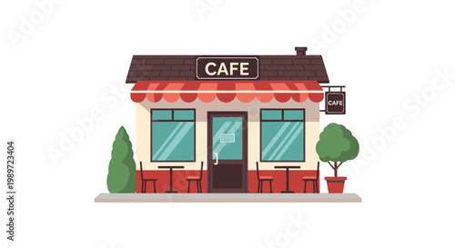 Small cafe storefront illustration with outdoor seating on white background