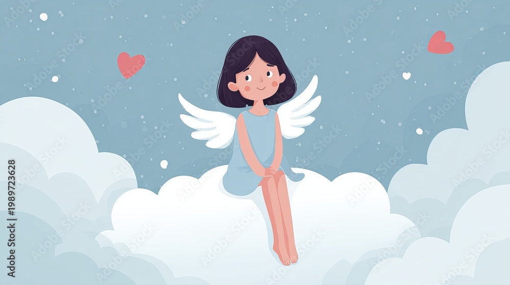 Obraz premium Cute angel sits on soft cloud. Cartoon style, good for Valentine's or baby designs.