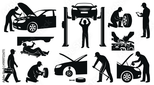 Car Mechanic Silhouette Icons: Repair, Service, Maintenance, Garage