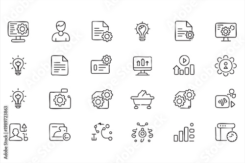 Development icon set, software automation symbols, coding process, system configuration UI elements