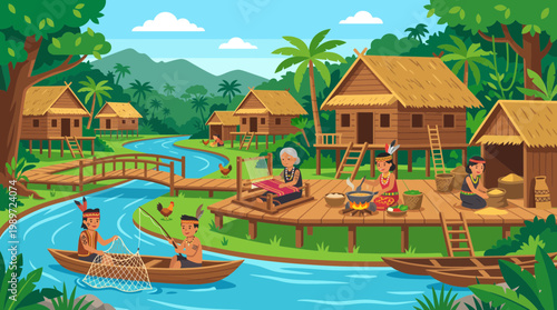 Flat vector illustration of Kalimantan village life with Dayak people fishing, weaving, and cooking near stilt houses, showcasing Indonesian culture in a vibrant infographic style.