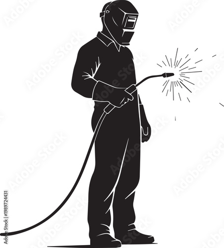 Welder silhouette wearing protective safety mask and professional gear working with metal torch and bright sparks for industrial.