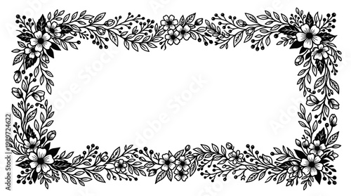 Hand-drawn floral border with flowers and leaves, black and white sketch.