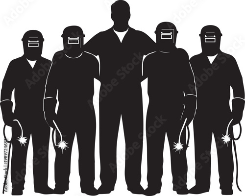 Silhouettes of welders in protective gear standing together with welding equipment near sparks representing industrial team work.