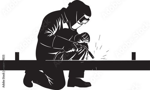 Welding specialist silhouette performing precise metalwork fabrication on structural beam showing industrial craftsmanship skill.