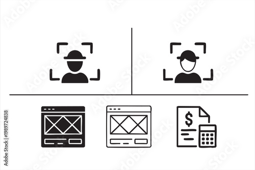 UI wireframe icon set, user authentication symbols, login, billing and payment interface elements