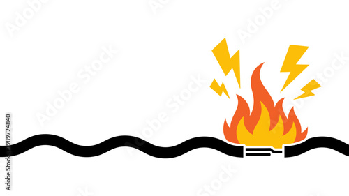 A vivid illustration showcasing a burning electrical wire with exposed internal components and intense flames.