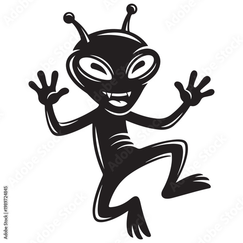 Cartoon alien character jumping and waving black and white vector illustration for mascot or sticker design