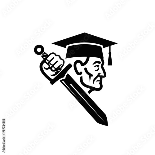 Classic illustration of a wise man in graduation cap wielding a sword, symbolizing education, knowledge, strength, and intellect.