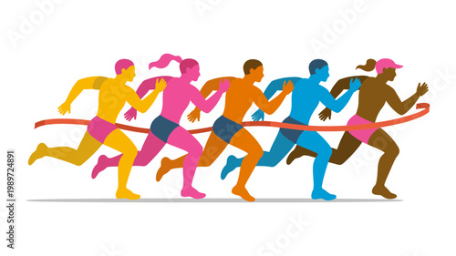 A group of five diverse and colorful runners sprint across a finish line in a competitive race.