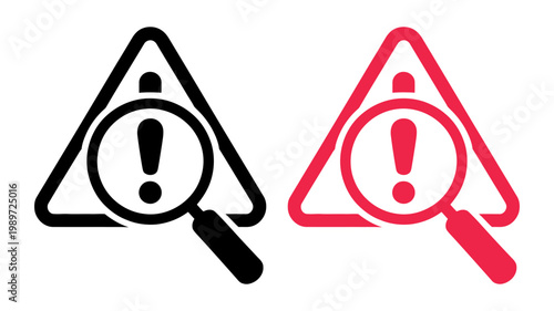 A magnifying glass inspecting an exclamation mark within a warning triangle, available in black and red versions.