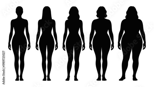 A visual representation of five distinct female body shapes, ranging from slim to obese, showing variations in human physique.