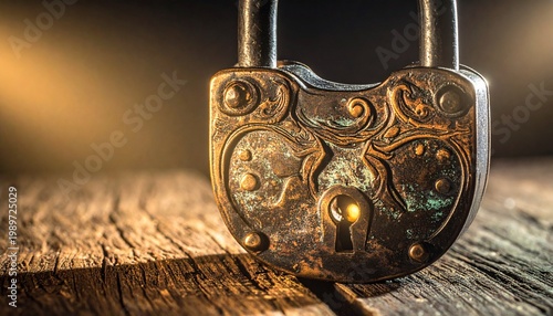 Antique Padlock on Wooden Surface Showcasing Craftsmanship, History, and Conceptual Photography Design