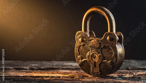 Antique Padlock on Wooden Surface Showcasing Craftsmanship, History, and Conceptual Photography Design