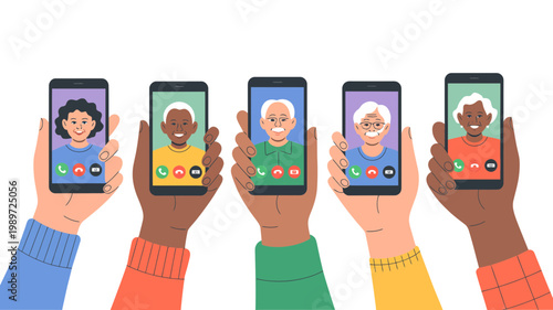 Diverse hands holding smartphones displaying video calls with smiling senior citizens, representing digital connection and family.