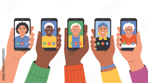 Various hands holding mobile phones showing diverse smiling senior faces on video calls, highlighting remote connection.