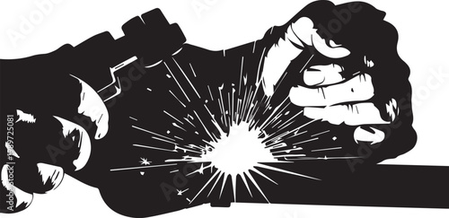 Close up hands welding metal, silhouette vector illustration of sparks flying from industrial work process.