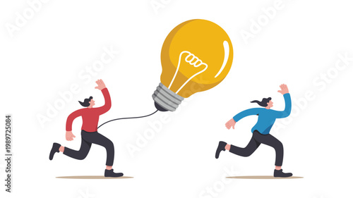 Two cartoon-style people are running, with one individual pulling a large, bright lightbulb connected by a wire.