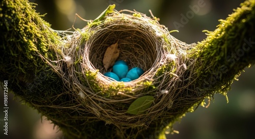 Bird's Nest with Bright Blue Eggs in Natural Setting