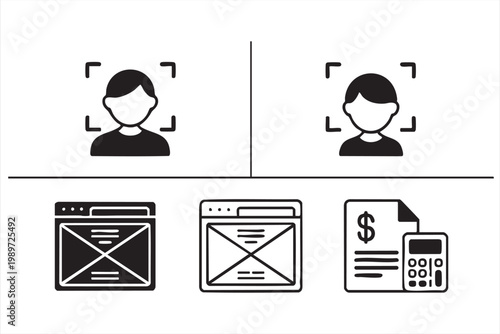 Authentication icons, login access symbols, UI wireframe, billing and payment interface elements