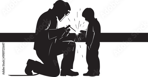 Silhouette of welder kneeling down teaching young boy about metalwork and industrial skills in workshop with sparks flying around.