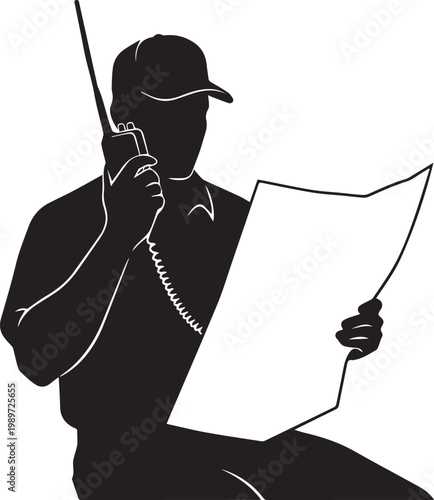 Silhouette of man in cap with walkie talkie and paper, sitting and talking on transparent background.