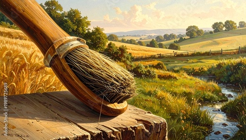 Paintbrush with Countryside Landscape Showcasing Creativity, Nature’s Beauty, and Artistic Photography Design