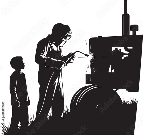 Father welder working on machinery with son observing, teaching trade and fostering generational connection.