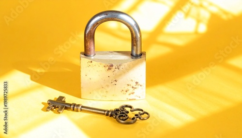 Vintage Padlock and Keys on Yellow Background Showcasing Security, Access, and Conceptual Photography Design