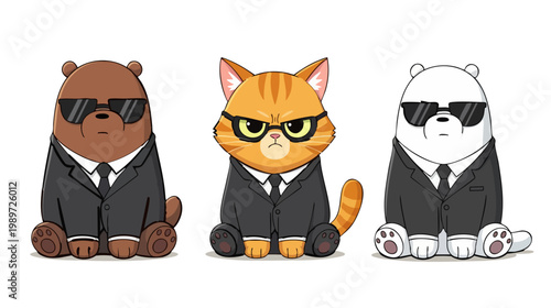 Funny secret agent animals in black suits, cute cartoon bear and cat bodyguards wearing sunglasses, professional security mascot vector set