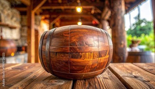 Wooden Barrel in Rustic Interior Showcasing Craftsmanship, Warmth, and Traditional Photography Design