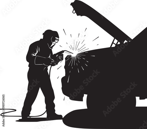 Professional welder silhouette repairing automotive vehicle engine with sparks flying industrial worker fixing car in workshop.