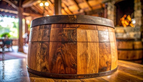 Wooden Barrel in Rustic Interior Showcasing Craftsmanship, Warmth, and Traditional Photography Design