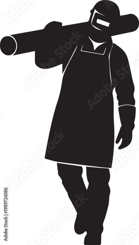 Welding specialist silhouette carrying heavy metal pipe on shoulder professional industrial worker wearing protective apron mask.