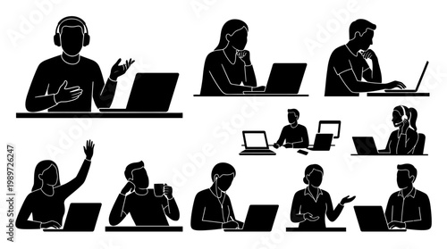 people working on laptops in various poses