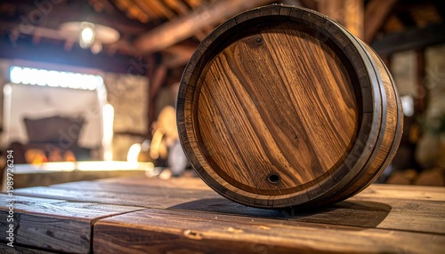 Wooden Barrel in Rustic Interior Showcasing Craftsmanship, Warmth, and Traditional Photography Design