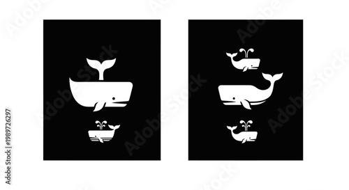 Minimalist black and white illustration of whale families with adult and baby whales, graphic ocean life vector.