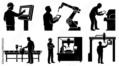 Industrial Automation Icons: Robotic Arm, Assembly Line, Control Panel, Worker