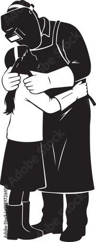 Emotional silhouette of male welder in protective gear hugging small daughter after long day of work in industrial manufacturing.