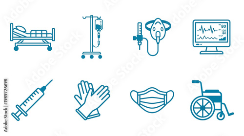 Medical Icons Set: Hospital Bed, IV Drip, Oxygen Mask, Monitor, Syringe, Gloves, Mask, Wheelchair
