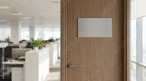 No Smoking sign on a glass office door with modern workspace background  