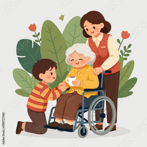 Boy Kneeling to Serve Coffee to Elderly Woman in Wheelchair