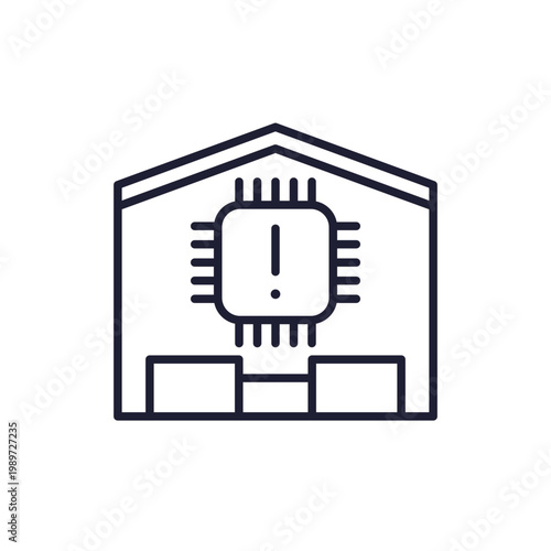 microchip supply shortage line icon with chip and warehouse