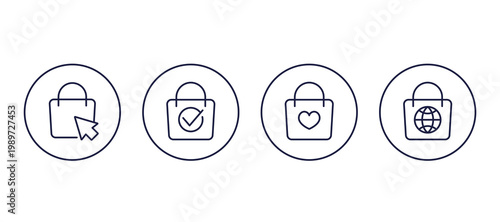 online shopping icons with bags, line vector design on white